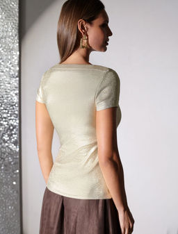 Футболка облегающая из хлопка в рубчик с вырезом лодочка с матовым покрытием металлик - Vilatte фото 3