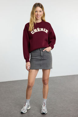 TRENDYOLMILLA Bordo Kal?n Ici Polarl? Oversize/Rahat Kesim Slogan Nak?sl? Orme Sweatshirt TWOAW25SW00030  фото 7