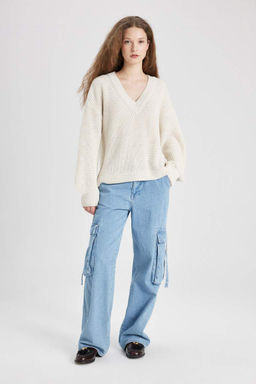 Трикотажный свитер оверсайз с V-образным вырезом - Defacto фото 2