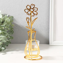 Подсвечник на 1 свечу металл, стекло «Цветок в вазе», золото, d=4.5 см, 7.4×7.5×21 см