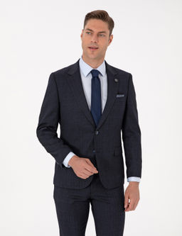 Lacivert Slim Fit Y_n Kar___ml_ Ekose Tak_m Elbise