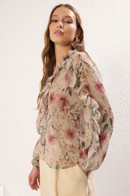 TRENDYOLMILLA Cok Renkli Sifon Transparan Cicekli F?rf?rl? Dokuma Gomlek TWOSS25GO00063