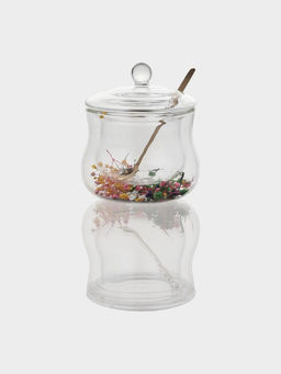 Сахарница с двойными стенками «Флора», 300 мл, 11×12 см, с сухоцветами, с ложкой, стекло, прозрачная