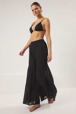 Siyah Dokuma Volanl? %100 Pamuk Maxi Plaj Yuksek Bel Pantolon TBESS25PL00003