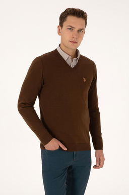 Erkek Slim Fit V Yaka Kahverengi Basic Triko Kazak