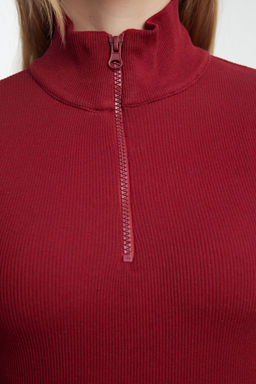 Bordo Fitted/vucuda Oturan Fermuarl? Yaka Esnek Orme Bluz TWOAW25BZ00163