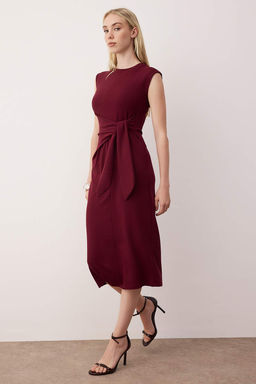 Bordo Baglama Detayl? A-line Duz Midi Esnek Orme Elbise TWOSS25EL00926 - Trendyolmilla фото 2