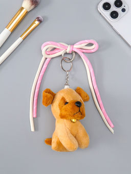 Брелок текстиль "Милый щенок с бело-розовым бантиком" коричневый 5х9,5х20 см