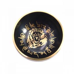 Чаша поющая с золотыми символами Лев 5 металлов от 600гр до 800гр h-7см d-12см черные и коричневые