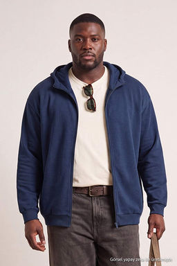 B_y_k Beden Lacivert Oversize/Geni_ Kesim Fermuarl_ Kap__onlu Pamuklu Sweatshirt TMNAW25AO00029 - Trendyolmilla фото 2