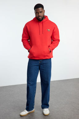 TRENDYOL MAN Buyuk Beden K?rm?z? Oversize/Genis Kesim Kapusonlu Ici Polarl? Sweatshirt TMNAW25AO00005