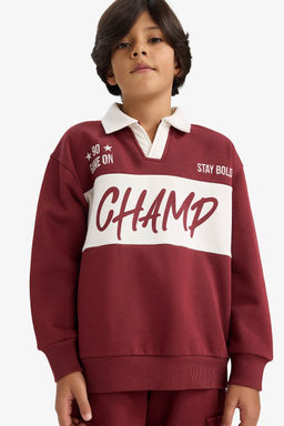 Oversize Geni_ Kal_p Polo Yaka Bask_l_ __i Yumu_ak T_yl_ Sweatshirt Erkek _ocuk