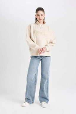 Женская свободная толстая толстовка с воротником-стойкой и половиной молнии с принтом - Defacto фото 2