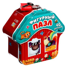 Фигурный пазл в металлической копилке с замочком Животные нашей фермы, 40 деталей