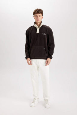 Флисовый свитшот свободного кроя с воротником-стойкой и вышивкой на кнопках - Defacto фото 2