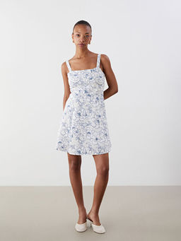 Kare Yaka ?i?ekli Ask?l? Mini Elbise