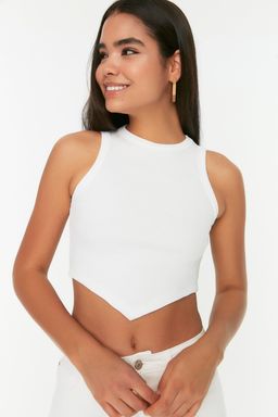 Ekru Asimetrik Super Crop Fitilli Esnek Orme Atlet TWOSS22AL0065