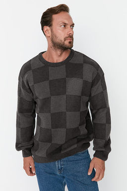 Siyah Unisex Oversize Geni_ Kal_p Bisiklet Yaka Kareli Triko Kazak TMNAW23KZ00279