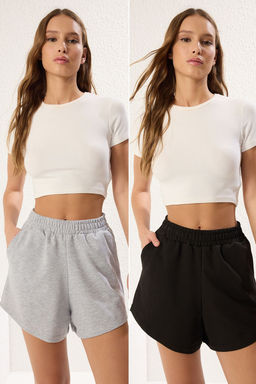 Gri Melanj- Siyah 2Li Paket Relaxed/Rahat Kal?p K?sa Esnek Orme Sort & Bermuda TWOSS25SR00084