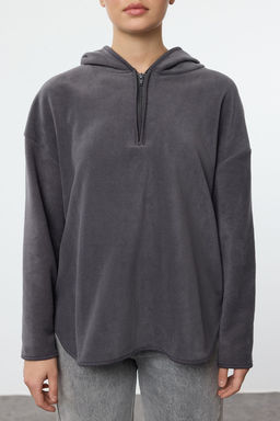 TRENDYOLMILLA Siyah Kal?n Polar Kapusonlu ve Fermuarl? Oversize/Genis Kal?p Orme Sweatshirt TWOAW22SW2063  фото 3