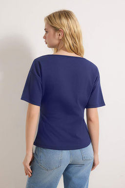 Ekru Fitted/Vucuda Oturan Kay?k Yaka Dusuk Kol K?sa Kollu Interlok Orme Bluz TWOSS26BZ00193 - Trendyolmilla фото 8