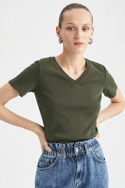 Slim Fit Dar Kesim V Yaka Ribana Basic Duz %100 Pamuk K?sa Kollu Tisort - Defacto фото 5
