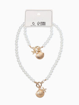 Набор 2 предмета: бусы. браслет «Жемчуг. Ракушка вонголе», L=18/42 см, №8, белый в золоте