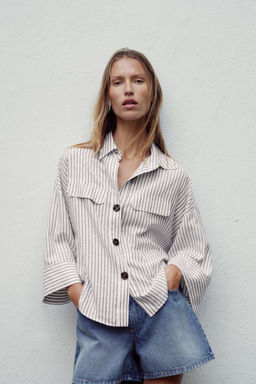 CAMISA RAYAS CON LINO / marron/blanco