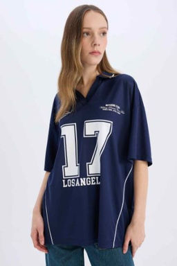 Coool Oversize Genis Kal?p Polo Yaka Bask?l? K?sa Kollu Tisort