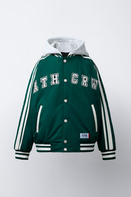 QUILTED VARSITY BOMBER JACKET WITH DETACHABLE HOOD