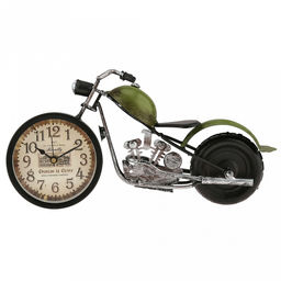 Часы настольные интерьерные "Мотоцикл" 30х8х15см, циферблат с рисунком, бежевый; цифры арабские, черный; фара - кристалл, корпус металл, черный матовый/зеленый; в коробке (Китай)