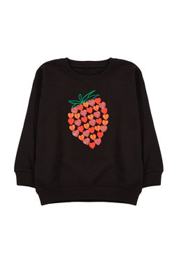 Siyah K?z Cocuk Mevsimlik-Ince Cilek Nak?sl? Bask?l? Orme Bisiklet Yaka Sweatshirt TKDAW25SW00001