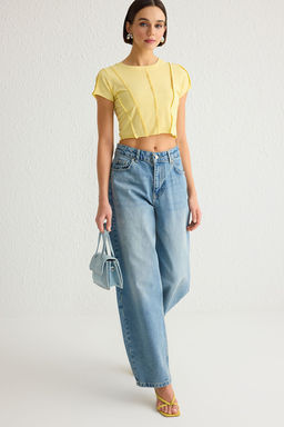 TRENDYOLMILLA Antrasit Nervurlu Fitted/Vucuda Oturan Crop Orme T-Shirt TWOSS25TS00000 фото 2