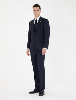 Lacivert Slim Fit %100 Y_n Ekose Tak_m Elbise