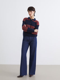 Polo Yaka ?izgili Kad?n Triko Kazak