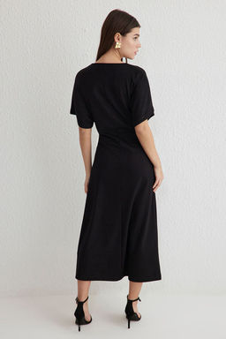 Siyah Fitted Buzgu/Drape Midi Esnek Orme Elbise TWOSS25EL00101 - Trendyolmilla фото 5