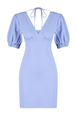 Mavi A Kesim S?rt Datayl? Balon Kollu Mini Dokuma Elbise TWOSS24EL00652