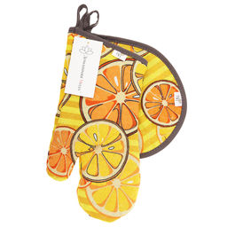 Кухонный комплект Апельсинки, вид 5: прихватка-варежка 15х30см + прихватка 20х25см форма Капелька, рогожка 171г/м2, хлопок 100%, наполнитель - ватин 280г/м2, на пластмассовом подвесе, Домашняя мода (Россия)