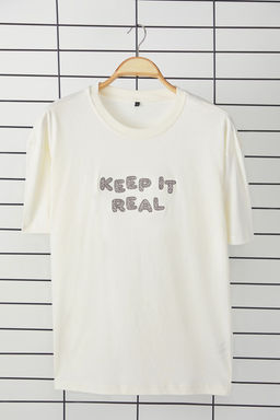 TRENDYOL MAN Ekru Unisex Oversize/Genis Kesim Bisiklet Yaka Yaz? Nak?sl? K?sa Kollu T-Shirt TMNSS25TS00023 - Trendyolmilla фото 6