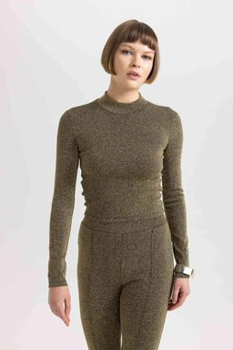 Футболка узкого кроя с полуводолазкой и длинными рукавами - Defacto фото 4