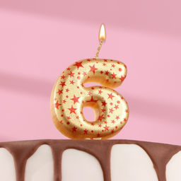 Цена за 2 шт. Свеча в торт «Саната», цифра 6, золотая с красными звездами, 5.5 см