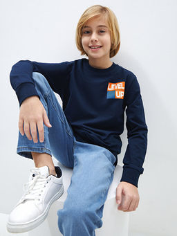 Bisiklet Yaka Bask?l? Uzun Kollu Erkek ?ocuk Sweatshirt