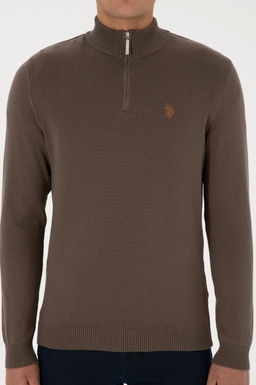 Erkek Slim Fit Yar_m Fermuarl_ Vizon Basic Kazak