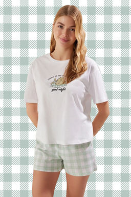 Trendyolmilla Mint %100 Pamuklu Ekoseli Sortlu Orme Pijama Tak?m? THMSS25PT00182