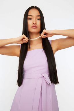 Lila Kusakl? Duz Kesim Y?rtmacl? Kare Yaka Mini Dokuma Elbise TWOSS20EL0977 - Trendyolmilla фото 6