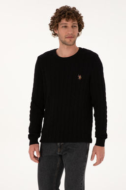 Erkek Slim Fit Bisiklet Yaka Desenli Siyah Kazak