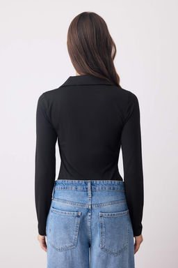 Siyah Fitted/Vucuda Oturan Polo Yaka Patl? C?tc?tl? Esnek Orme Body TWOAW26BD00009