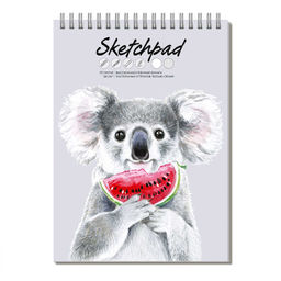 Скетчпад А4 210х290 мм, 40 л, блок - белый офсет, серый офсет 80 г/м?, арт. 62767 КОАЛА С АРБУЗОМ /обложка полноцветная печать, твёрдый переплёт, гребень по короткой стороне, матовая ламинация,
