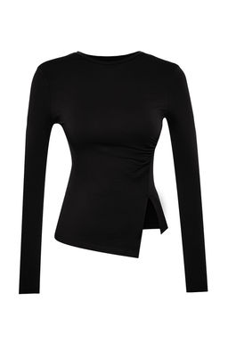 Trendyolmilla Siyah Tek Y?rtmac Detayl? Pamuklu Buzgulu Bisiklet Yaka Orme Bluz TWOAW24BZ00388  фото 13