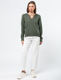 VILATTE / Вязаное худи из хлопка со шнуром с люрексом и золотистыми наконечниками  фото 4